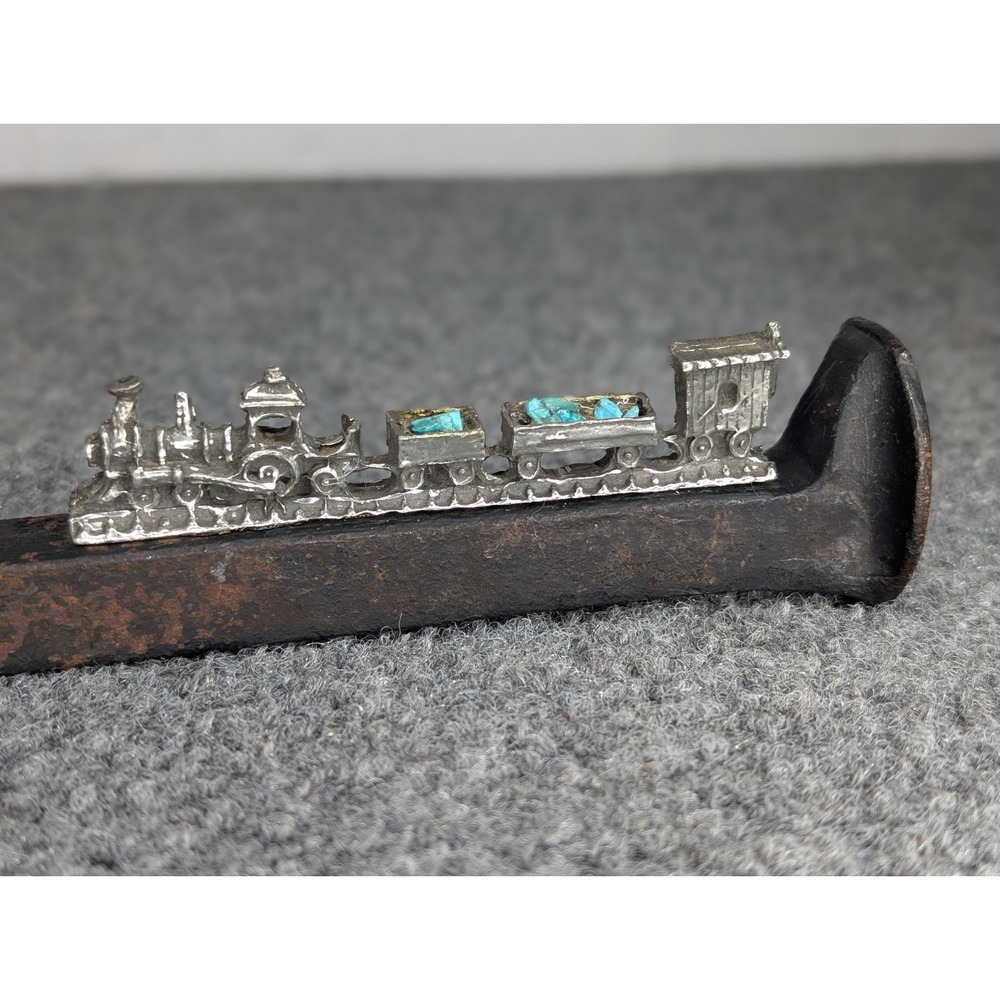 Railroad Spike With Silver Model Train On Top Hauling Topaz 7" Long - Picture 4 of 8
